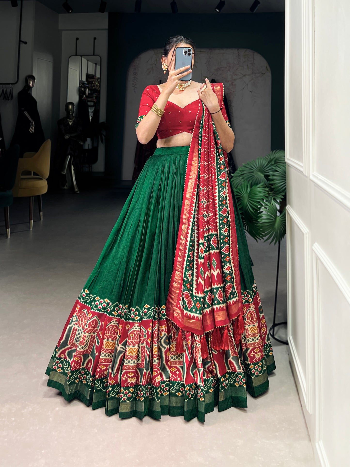 Twirling in Tradition, Shining in Silk – Tussar Silk Patola Print Lehenga Choli with Foil Work Detailing
