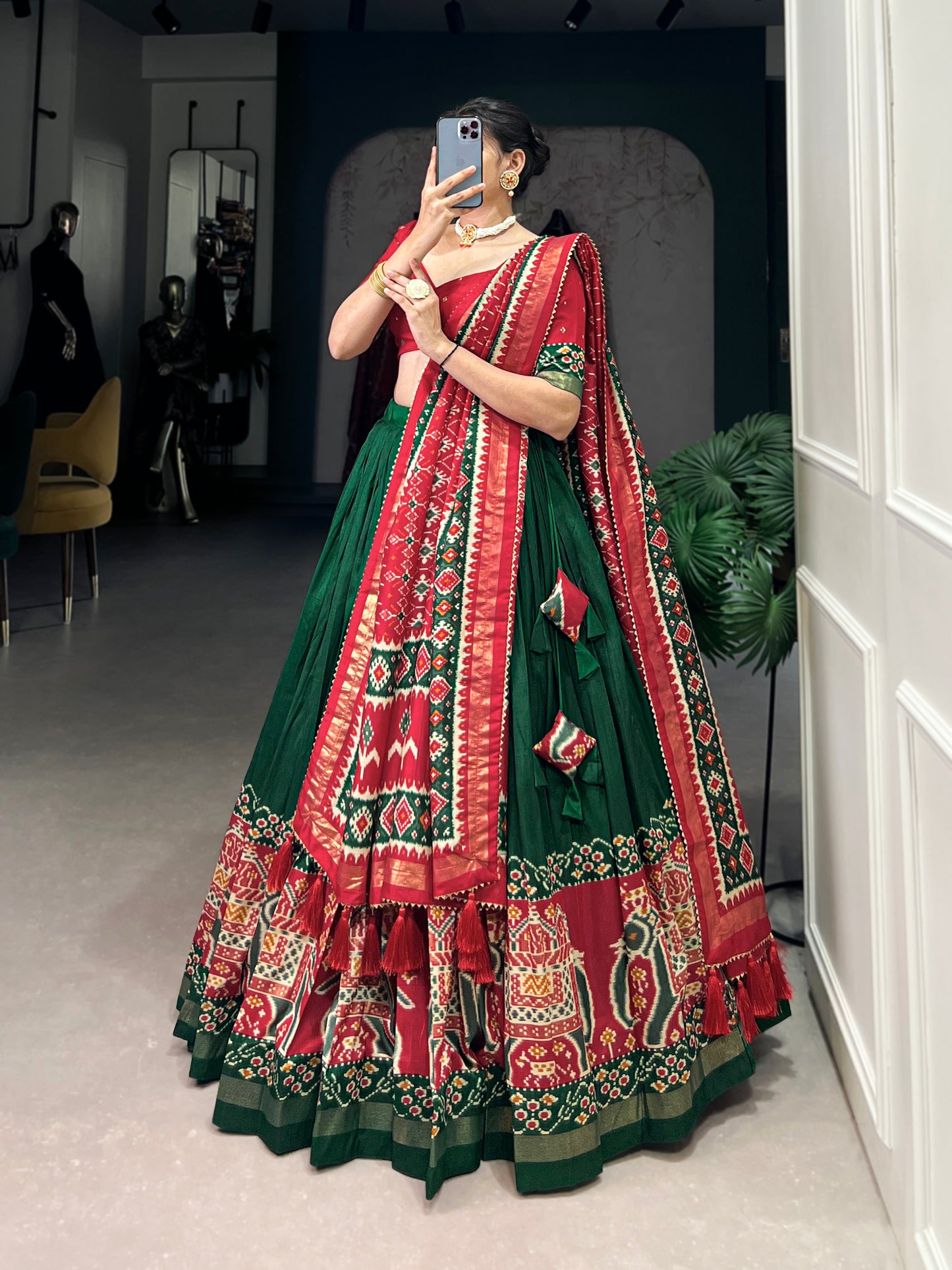 Twirling in Tradition, Shining in Silk – Tussar Silk Patola Print Lehenga Choli with Foil Work Detailing