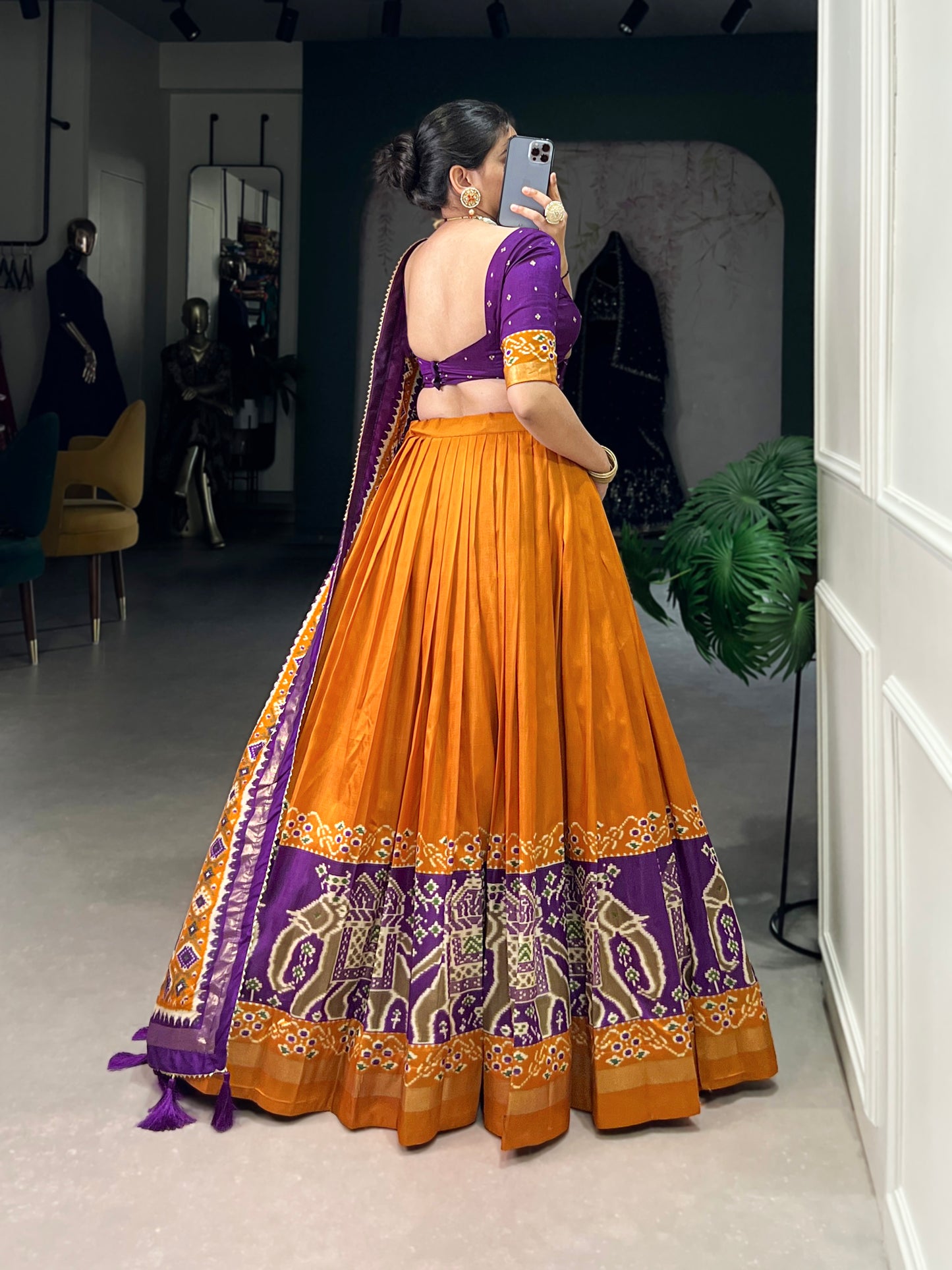 Twirling in Tradition, Shining in Silk – Tussar Silk Patola Print Lehenga Choli with Foil Work Detailing