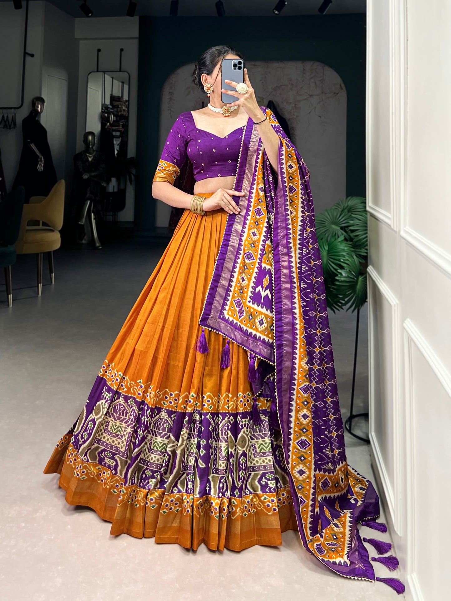 Twirling in Tradition, Shining in Silk – Tussar Silk Patola Print Lehenga Choli with Foil Work Detailing