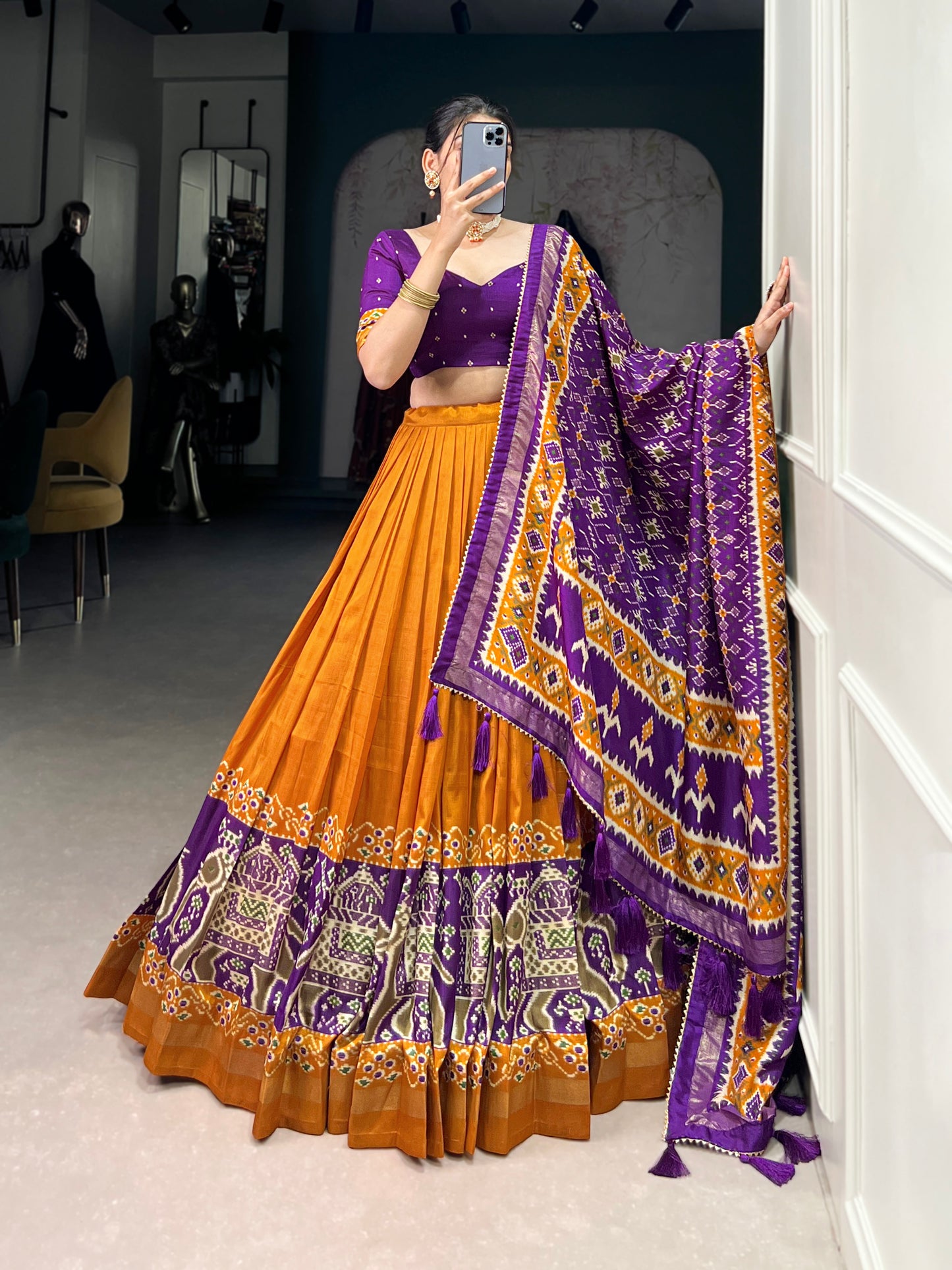 Twirling in Tradition, Shining in Silk – Tussar Silk Patola Print Lehenga Choli with Foil Work Detailing