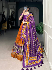 Twirling in Tradition, Shining in Silk – Tussar Silk Patola Print Lehenga Choli with Foil Work Detailing