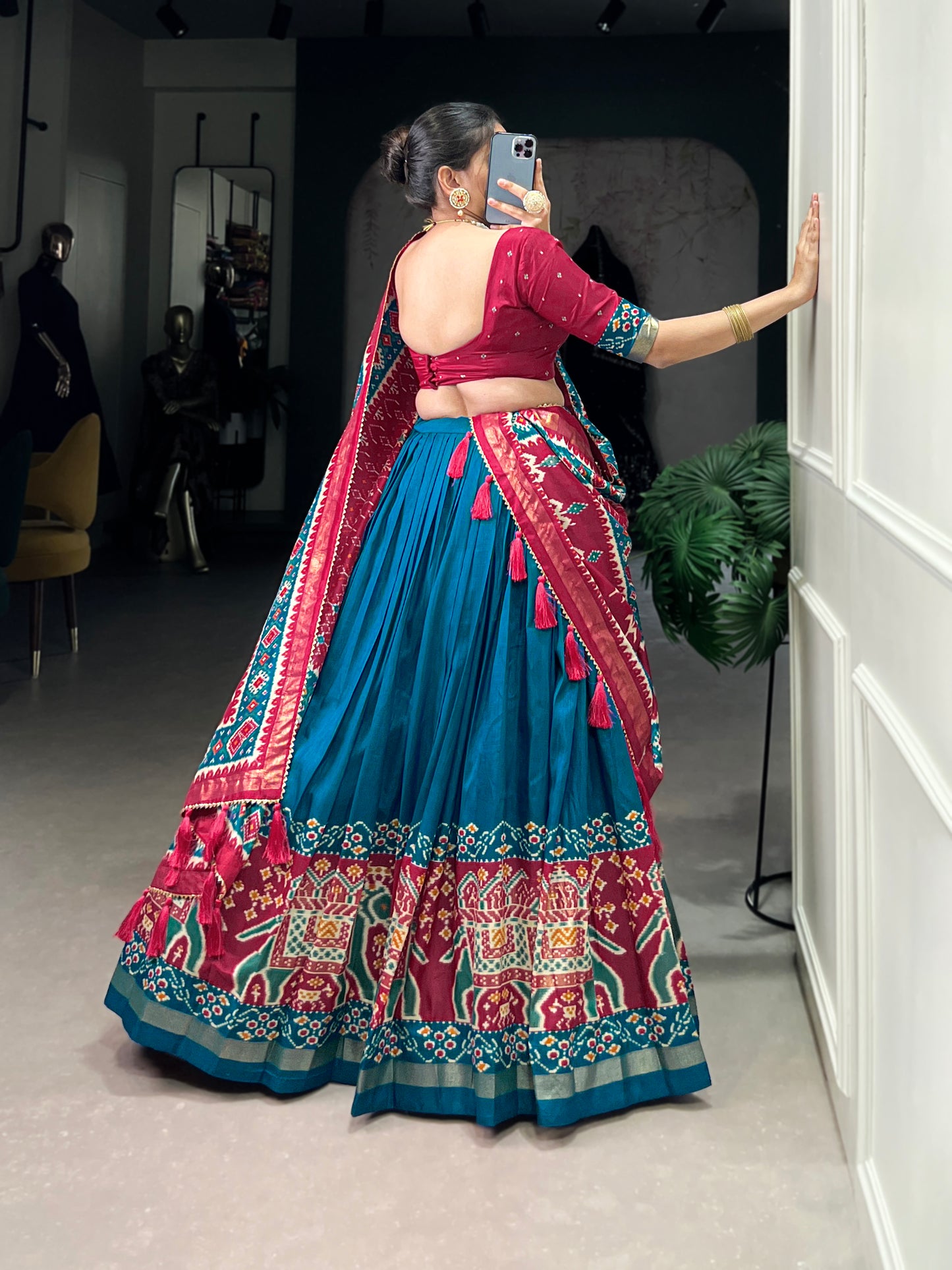 Twirling in Tradition, Shining in Silk – Tussar Silk Patola Print Lehenga Choli with Foil Work Detailing