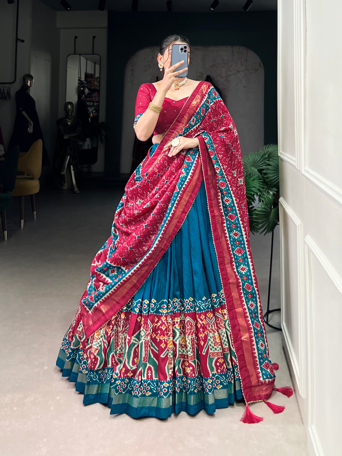 Twirling in Tradition, Shining in Silk – Tussar Silk Patola Print Lehenga Choli with Foil Work Detailing