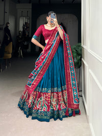 Twirling in Tradition, Shining in Silk – Tussar Silk Patola Print Lehenga Choli with Foil Work Detailing