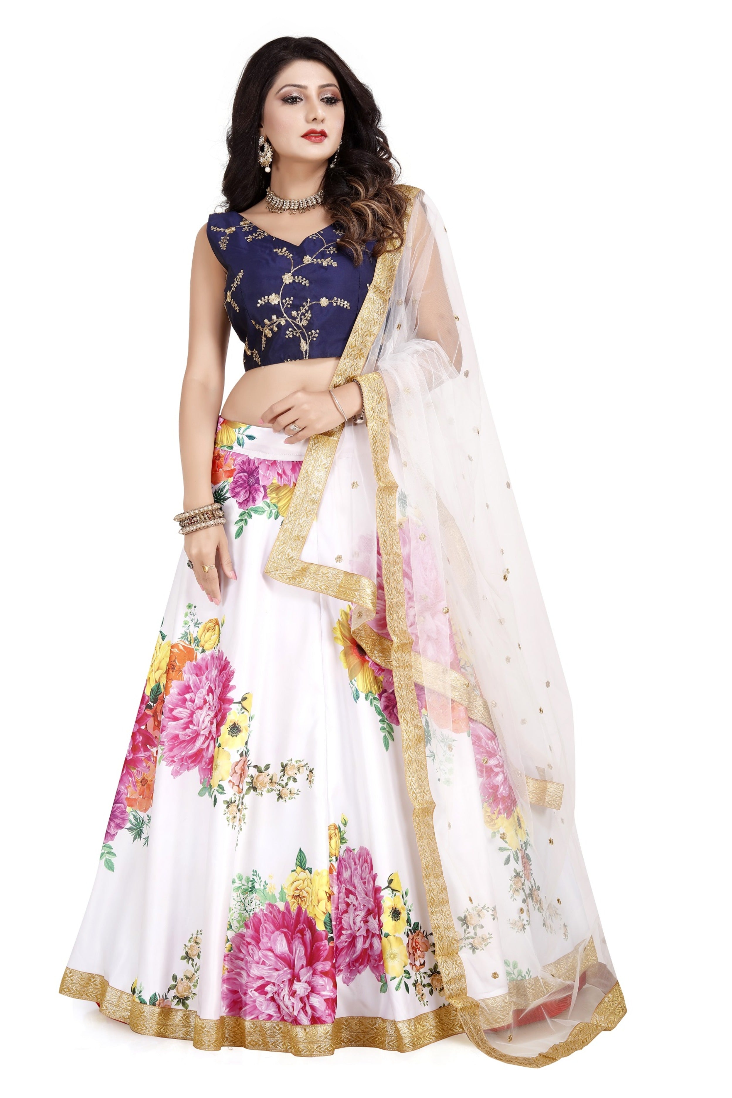 White Big Flower Print With Silk Fabric Lehenga For Women