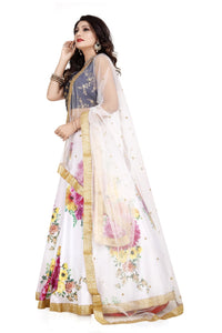 White Big Flower Print With Silk Fabric Lehenga For Women