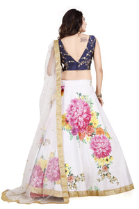 White Big Flower Print With Silk Fabric Lehenga For Women