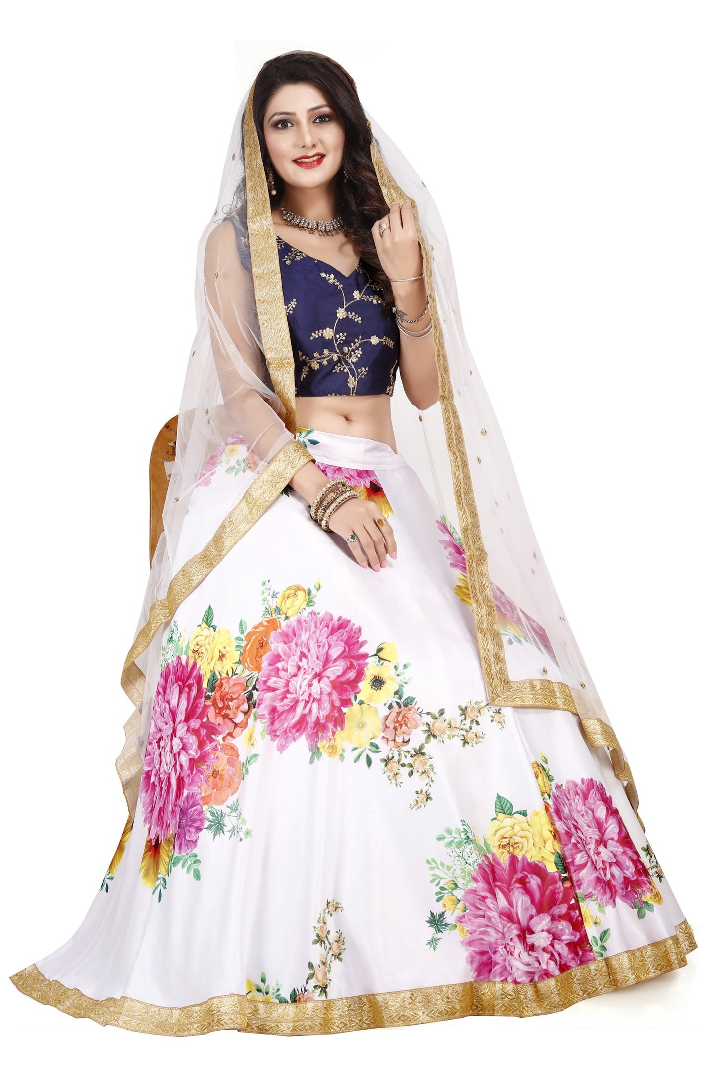 White Big Flower Print With Silk Fabric Lehenga For Women