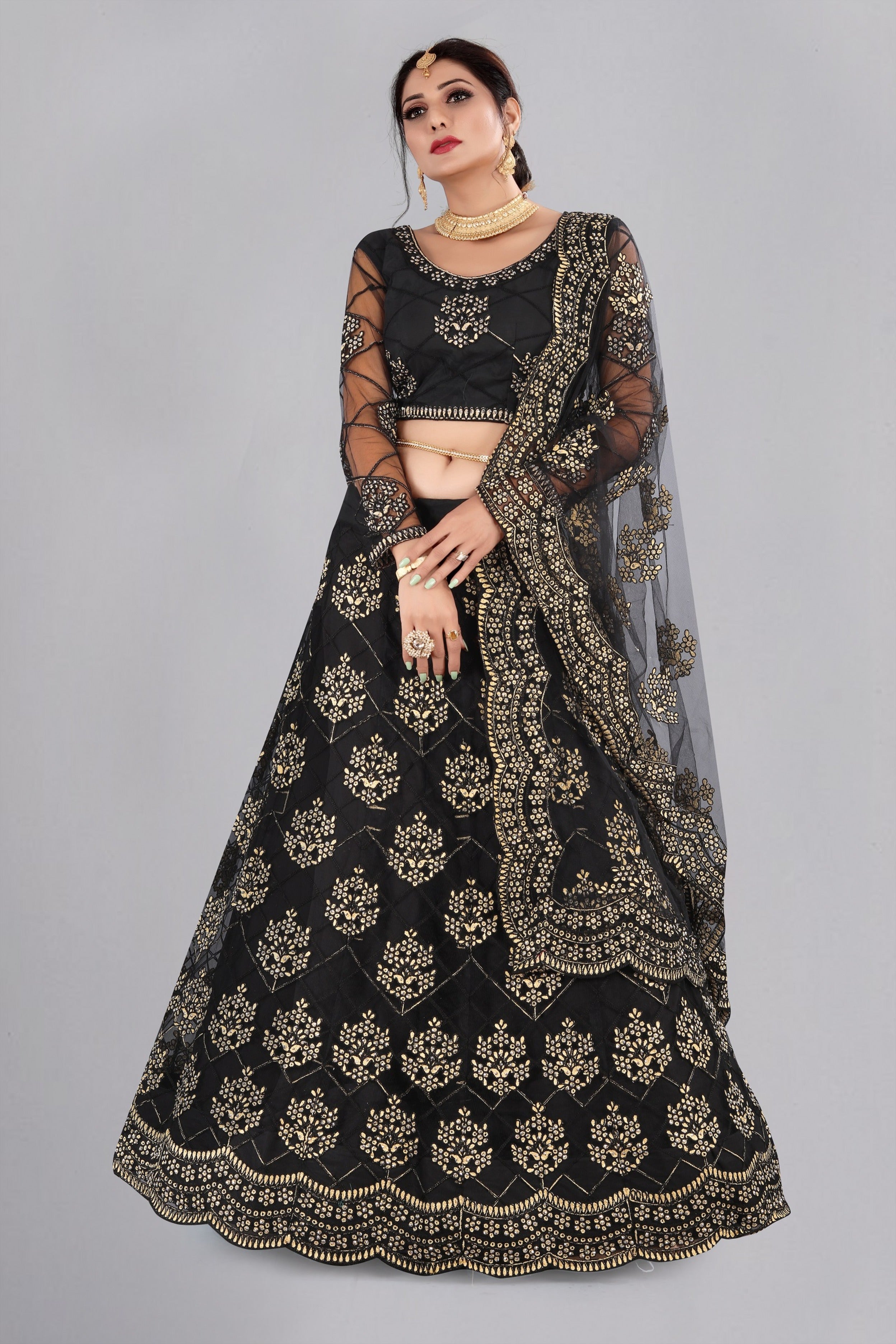 Jet-Black Net Mughal Butta Lehenga Choli with Thread Embroidery and Scalloped Dupatta