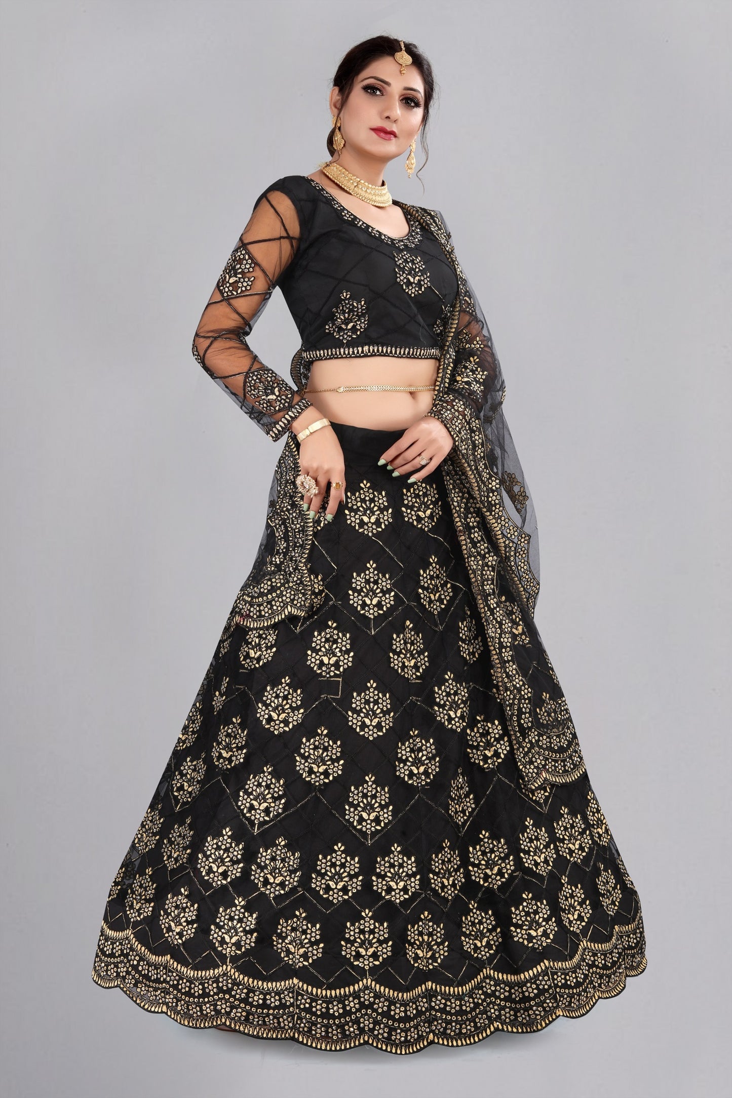 Jet-Black Net Mughal Butta Lehenga Choli with Thread Embroidery and Scalloped Dupatta