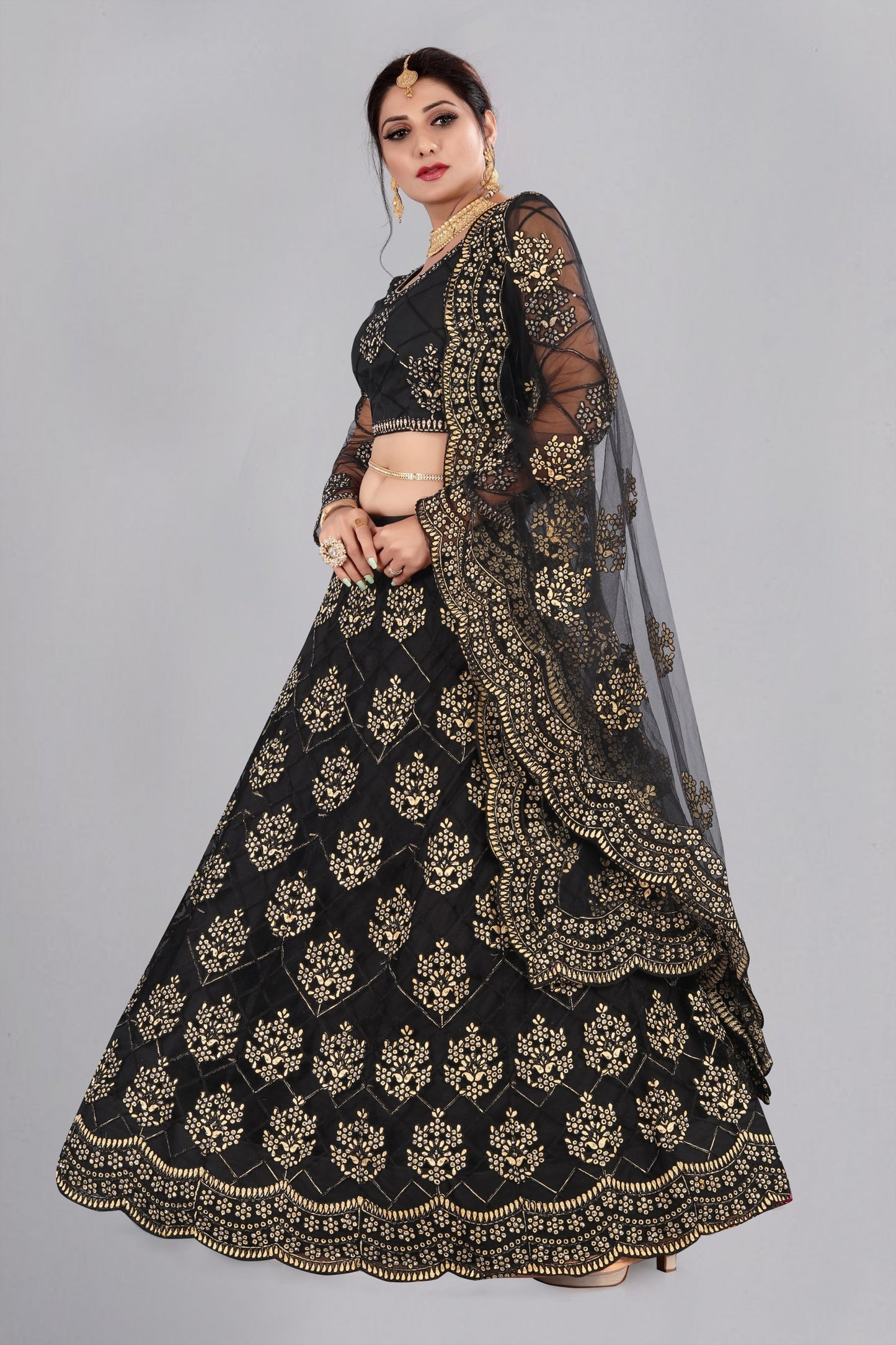 Jet-Black Net Mughal Butta Lehenga Choli with Thread Embroidery and Scalloped Dupatta