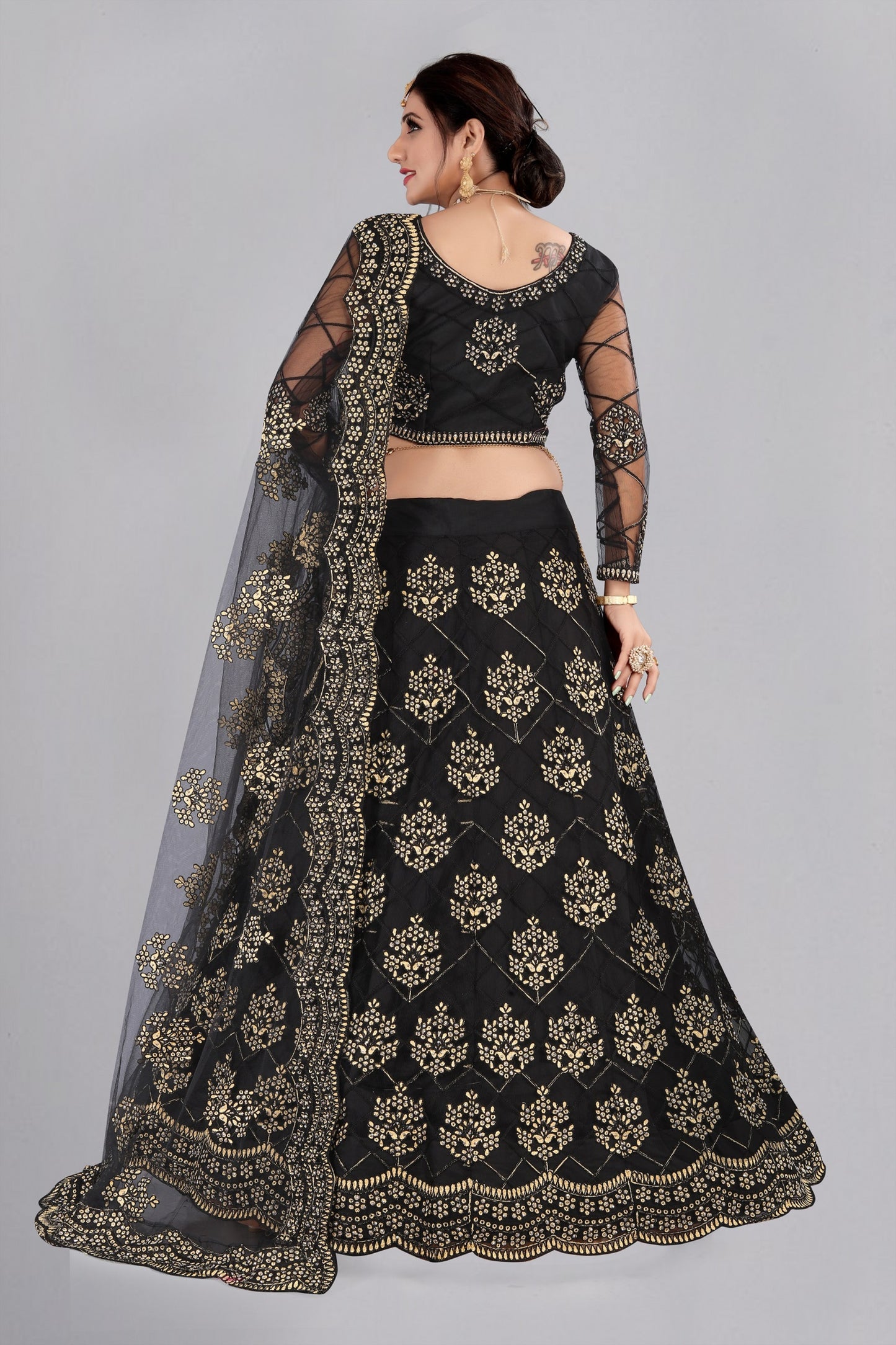 Jet-Black Net Mughal Butta Lehenga Choli with Thread Embroidery and Scalloped Dupatta