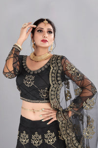 Jet-Black Net Mughal Butta Lehenga Choli with Thread Embroidery and Scalloped Dupatta