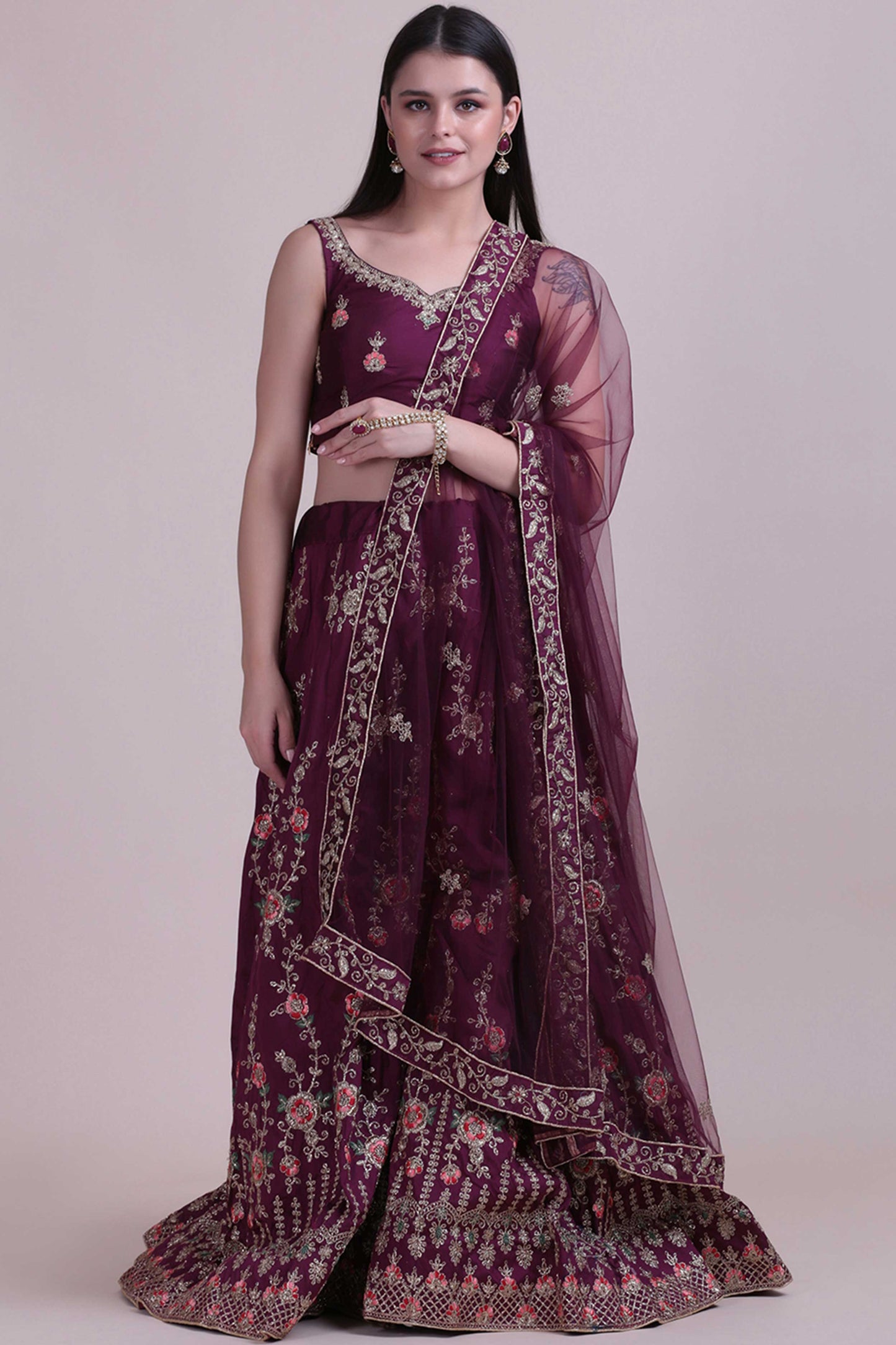 Embroidered Semi-Stitched Lehenga & Unstitched Blouse With Dupatta