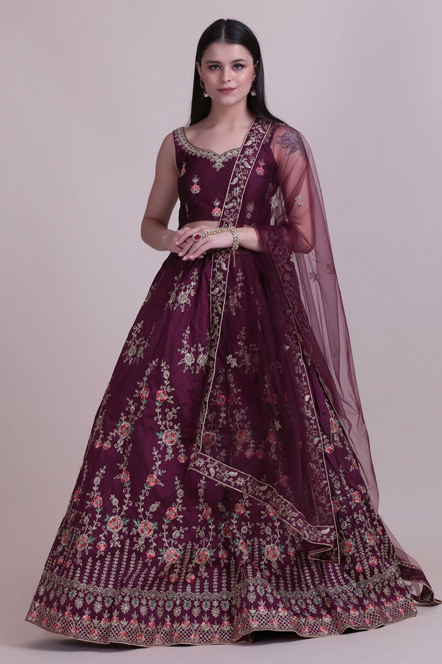 Embroidered Semi-Stitched Lehenga & Unstitched Blouse With Dupatta