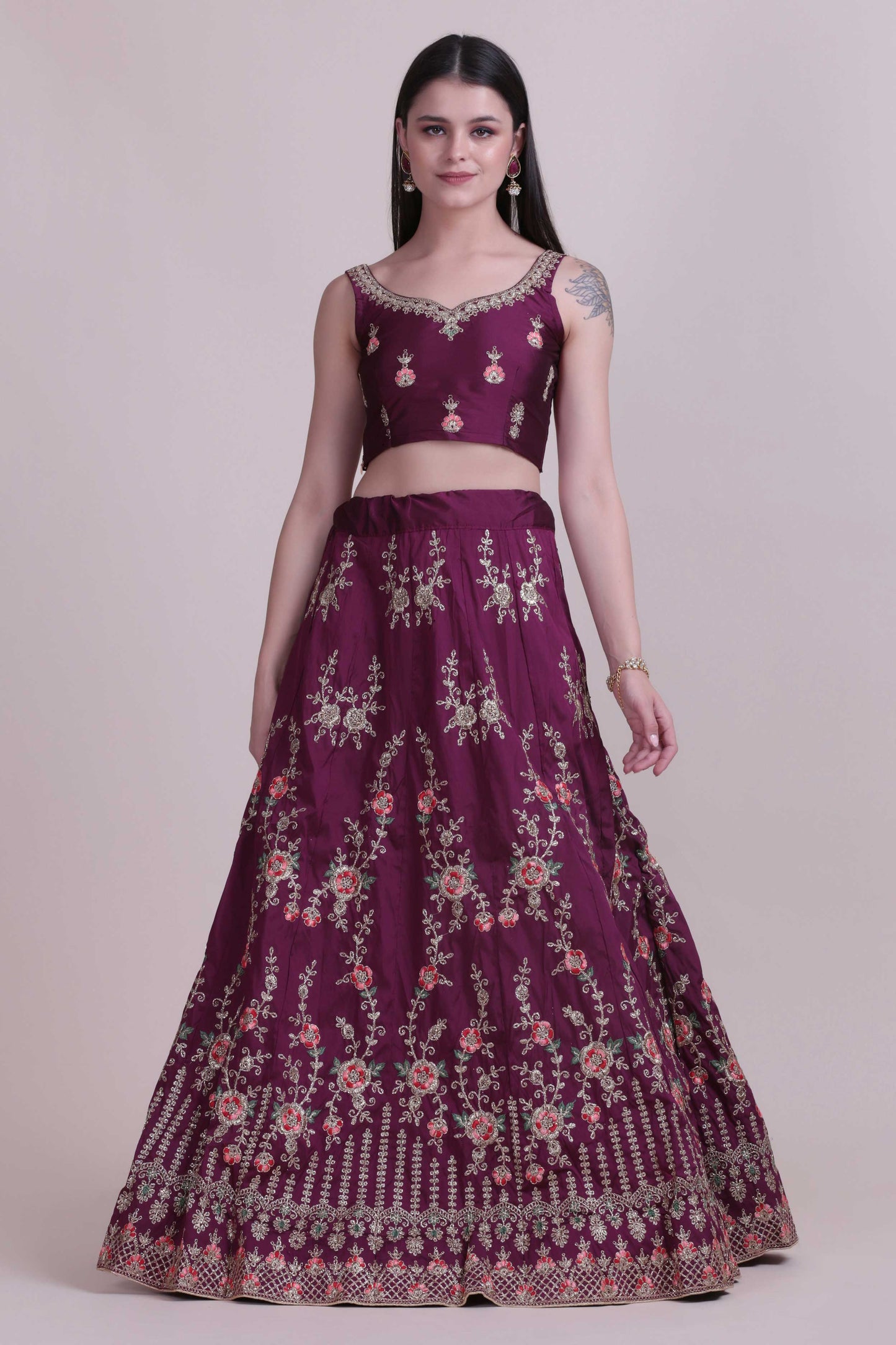 Embroidered Semi-Stitched Lehenga & Unstitched Blouse With Dupatta