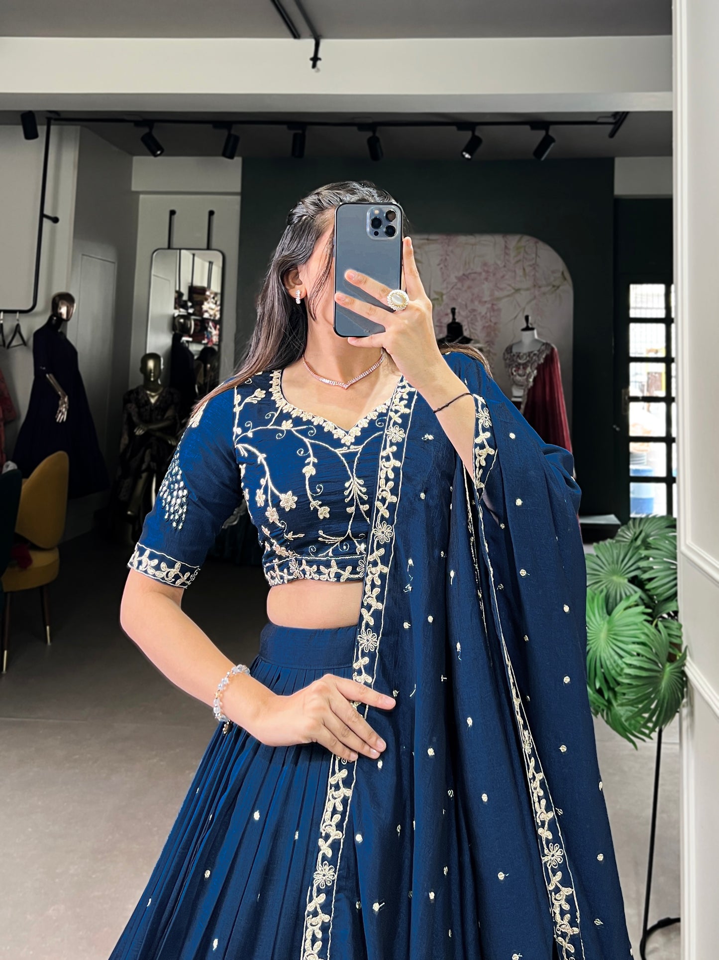 Simple Yet Stunning – Vichitra Silk Lehenga Choli with Elegant Sequin and Thread Embroidery