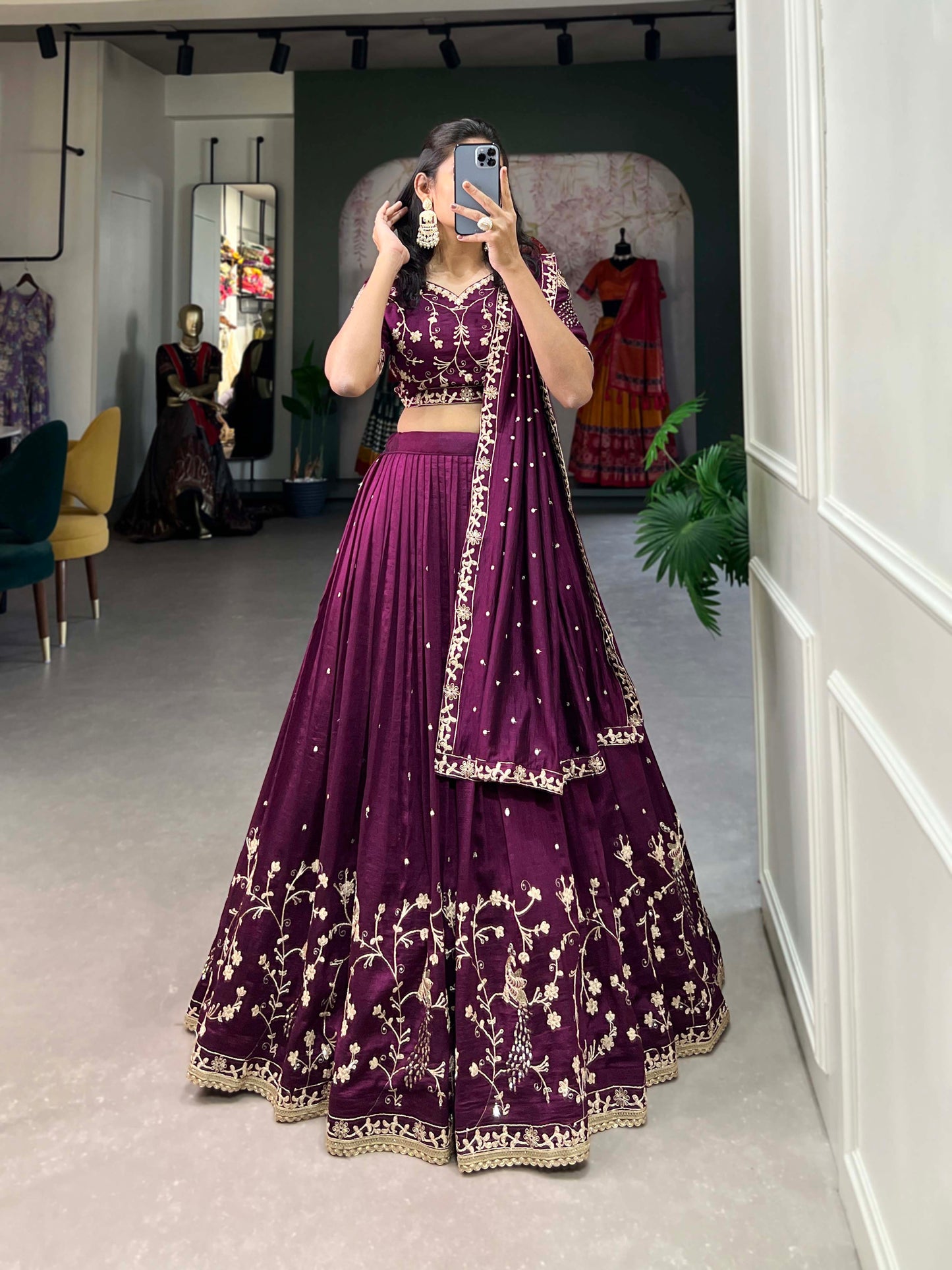 Simple Yet Stunning – Vichitra Silk Lehenga Choli with Elegant Sequin and Thread Embroidery