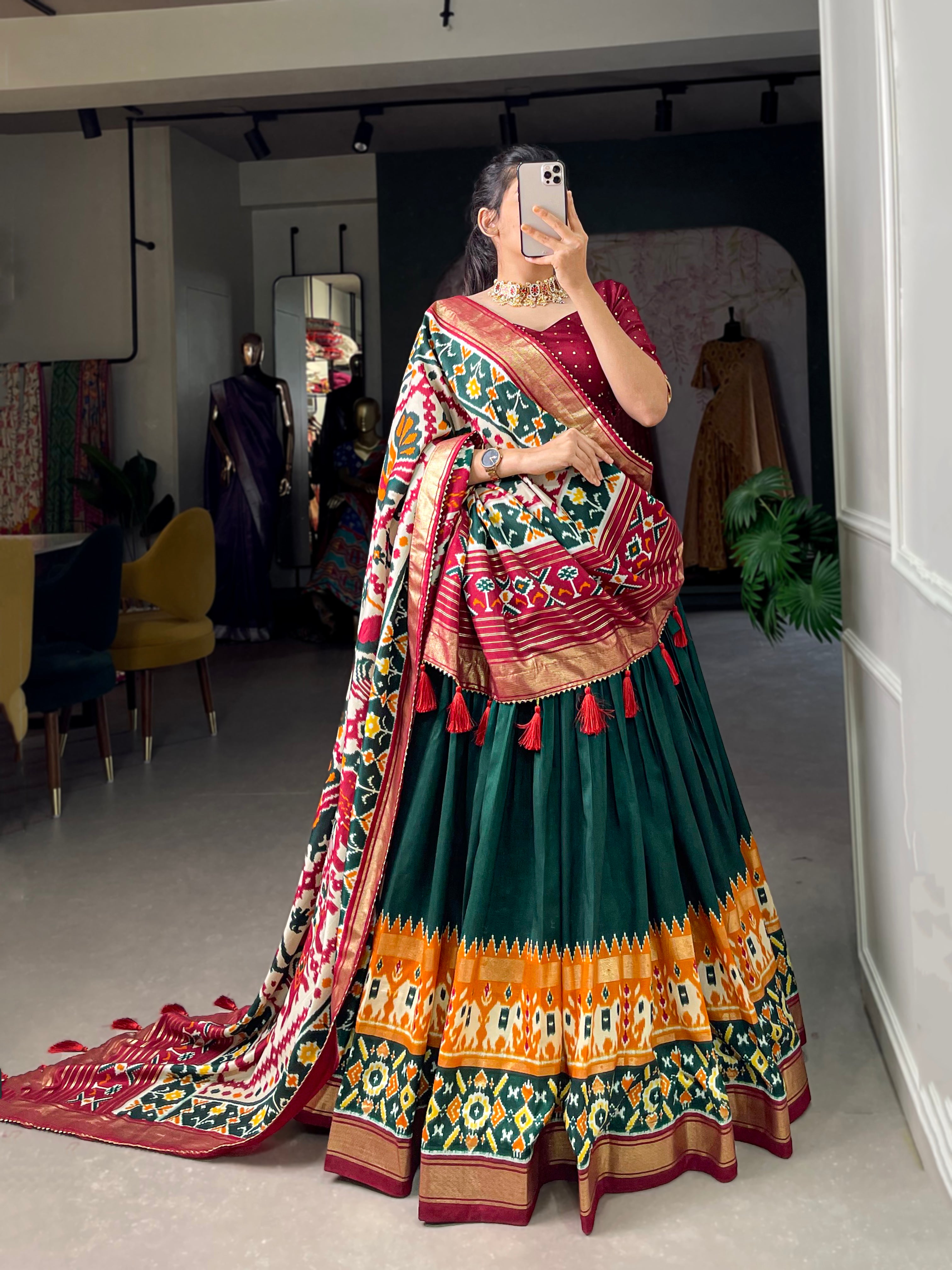 Festive Elegance in Every Thread – Tussar Silk Patola Print Lehenga Choli with Foil Work and Gotta Patti Detailing