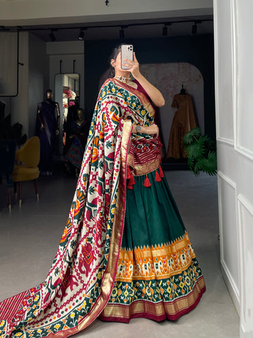 Festive Elegance in Every Thread – Tussar Silk Patola Print Lehenga Choli with Foil Work and Gotta Patti Detailing