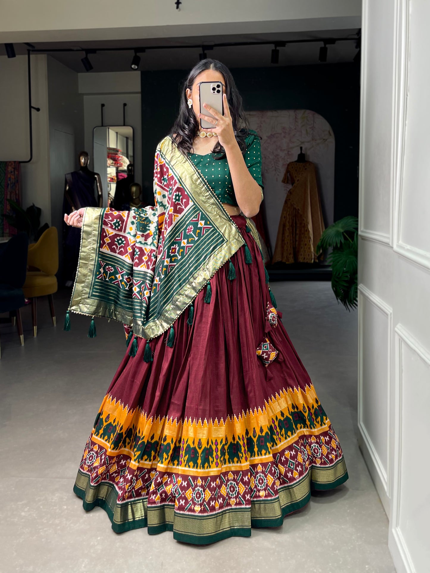 Festive Elegance in Every Thread – Tussar Silk Patola Print Lehenga Choli with Foil Work and Gotta Patti Detailing