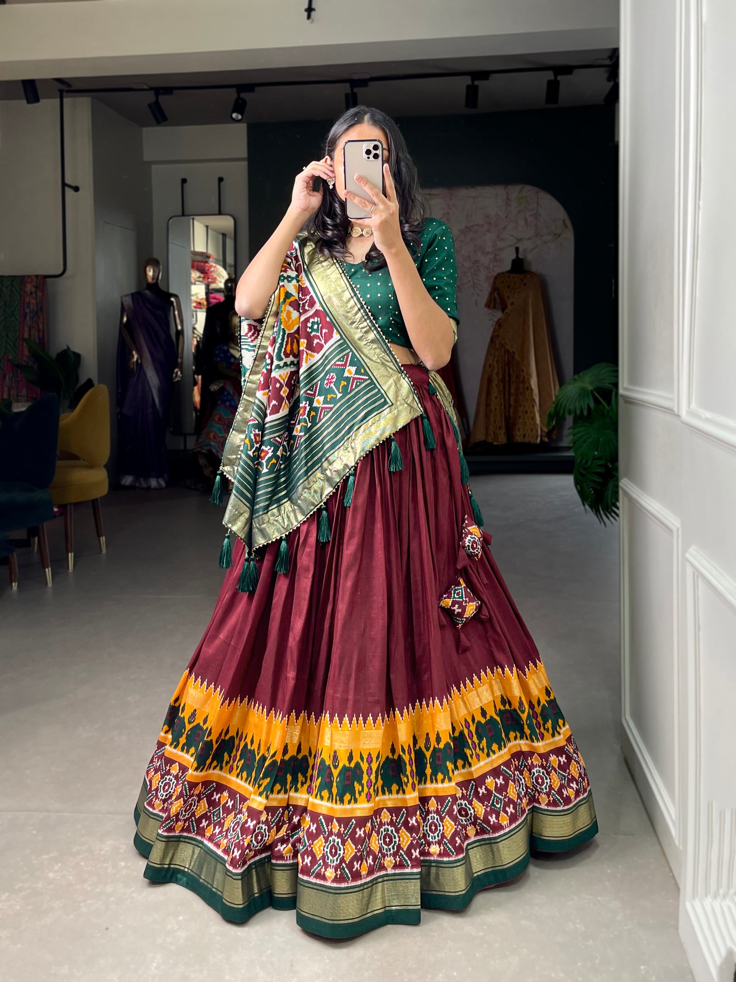 Festive Elegance in Every Thread – Tussar Silk Patola Print Lehenga Choli with Foil Work and Gotta Patti Detailing