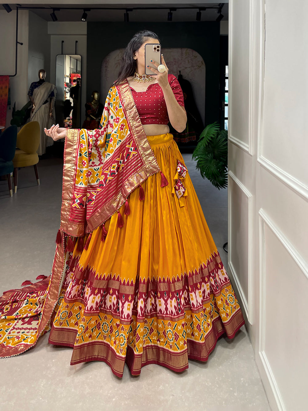Festive Elegance in Every Thread – Tussar Silk Patola Print Lehenga Choli with Foil Work and Gotta Patti Detailing