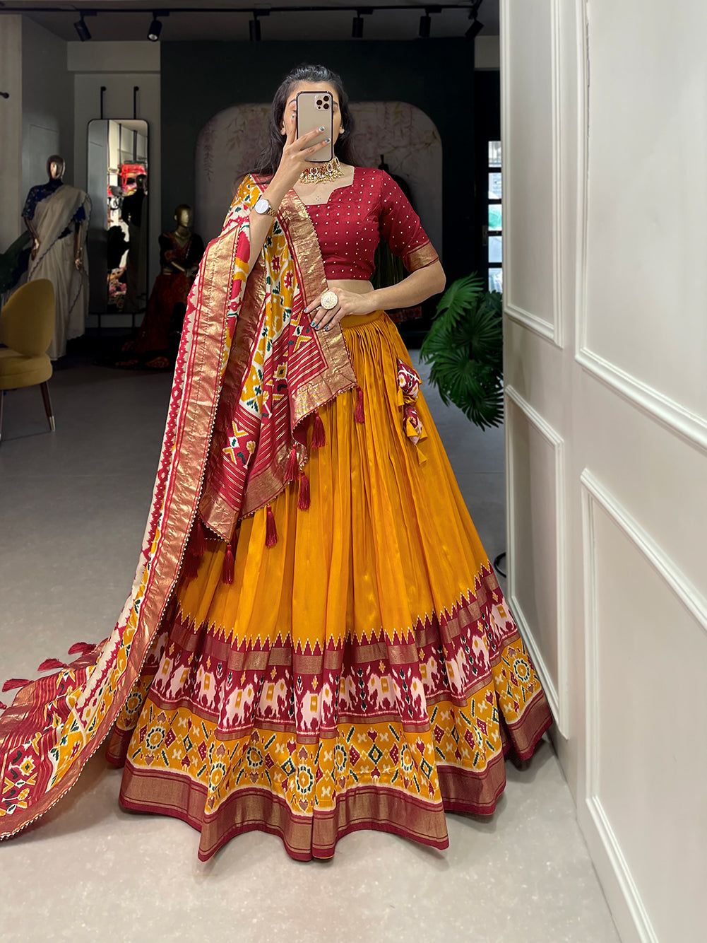 Festive Elegance in Every Thread – Tussar Silk Patola Print Lehenga Choli with Foil Work and Gotta Patti Detailing