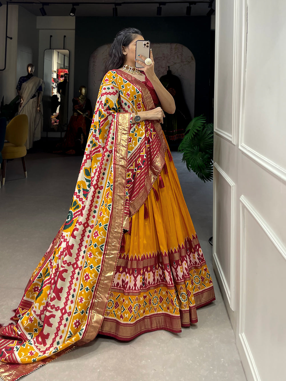 Festive Elegance in Every Thread – Tussar Silk Patola Print Lehenga Choli with Foil Work and Gotta Patti Detailing