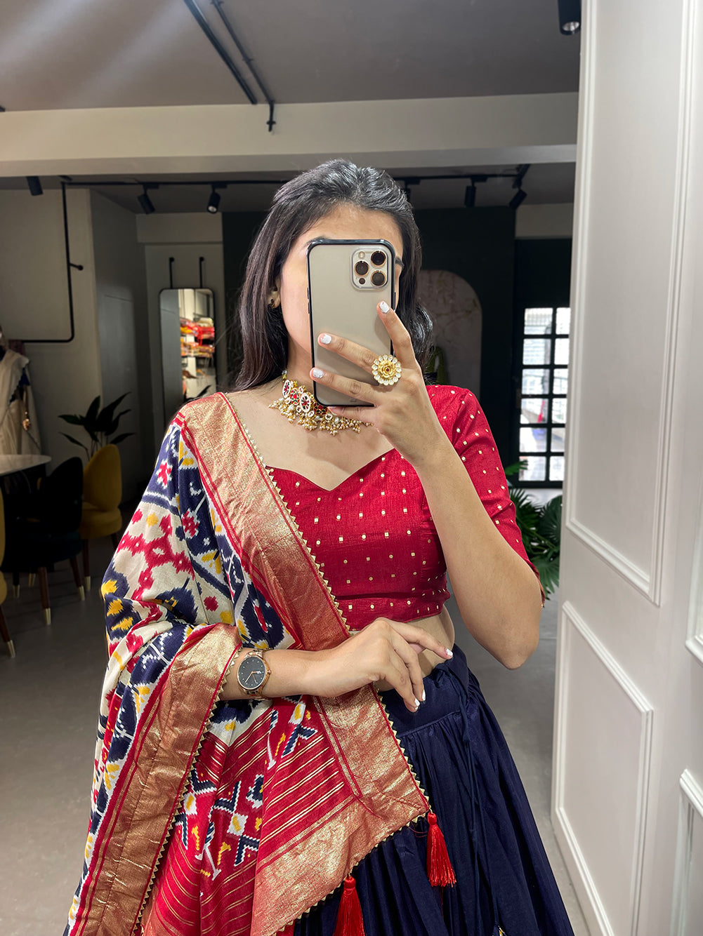 Festive Elegance in Every Thread – Tussar Silk Patola Print Lehenga Choli with Foil Work and Gotta Patti Detailing