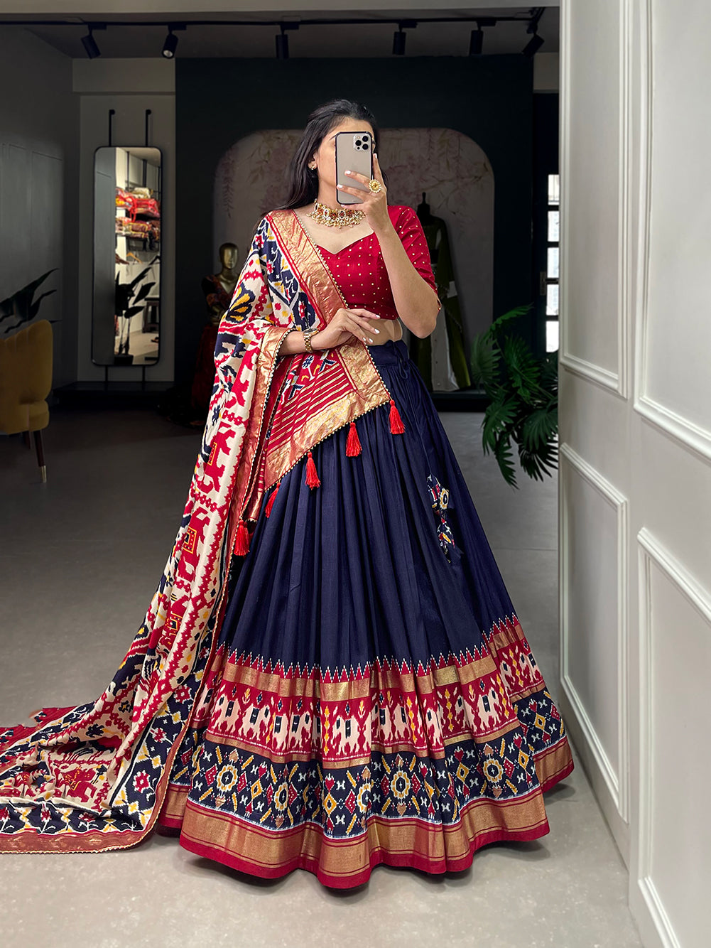 Festive Elegance in Every Thread – Tussar Silk Patola Print Lehenga Choli with Foil Work and Gotta Patti Detailing