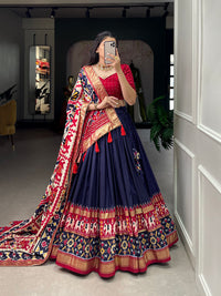 Festive Elegance in Every Thread – Tussar Silk Patola Print Lehenga Choli with Foil Work and Gotta Patti Detailing