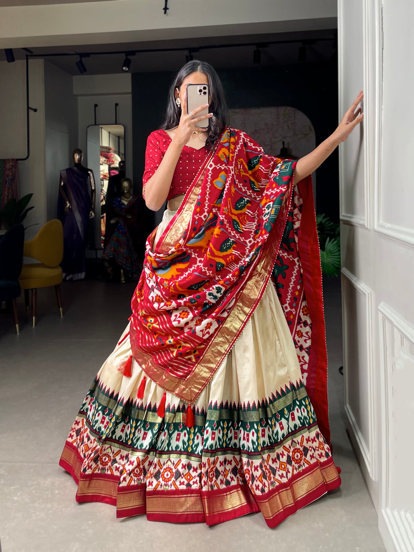 Festive Elegance in Every Thread – Tussar Silk Patola Print Lehenga Choli with Foil Work and Gotta Patti Detailing