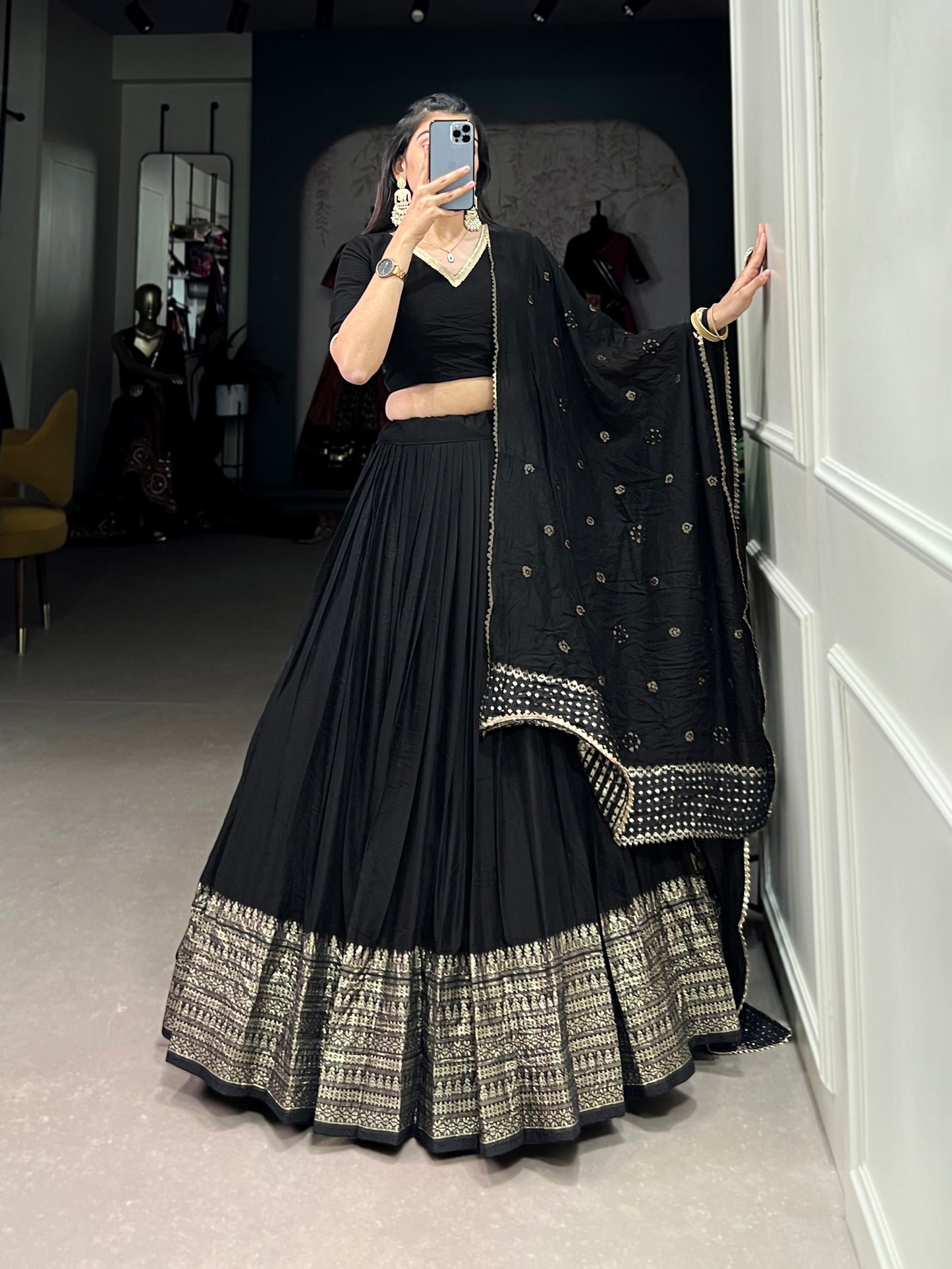 Crafted for Grace and Beauty – Pure Chanderi Plain Lehenga with Zari Work Border and Sequin Embellished Dupatta