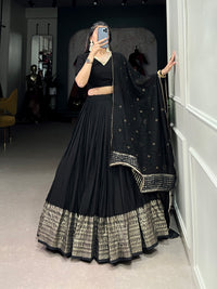 Crafted for Grace and Beauty – Pure Chanderi Plain Lehenga with Zari Work Border and Sequin Embellished Dupatta