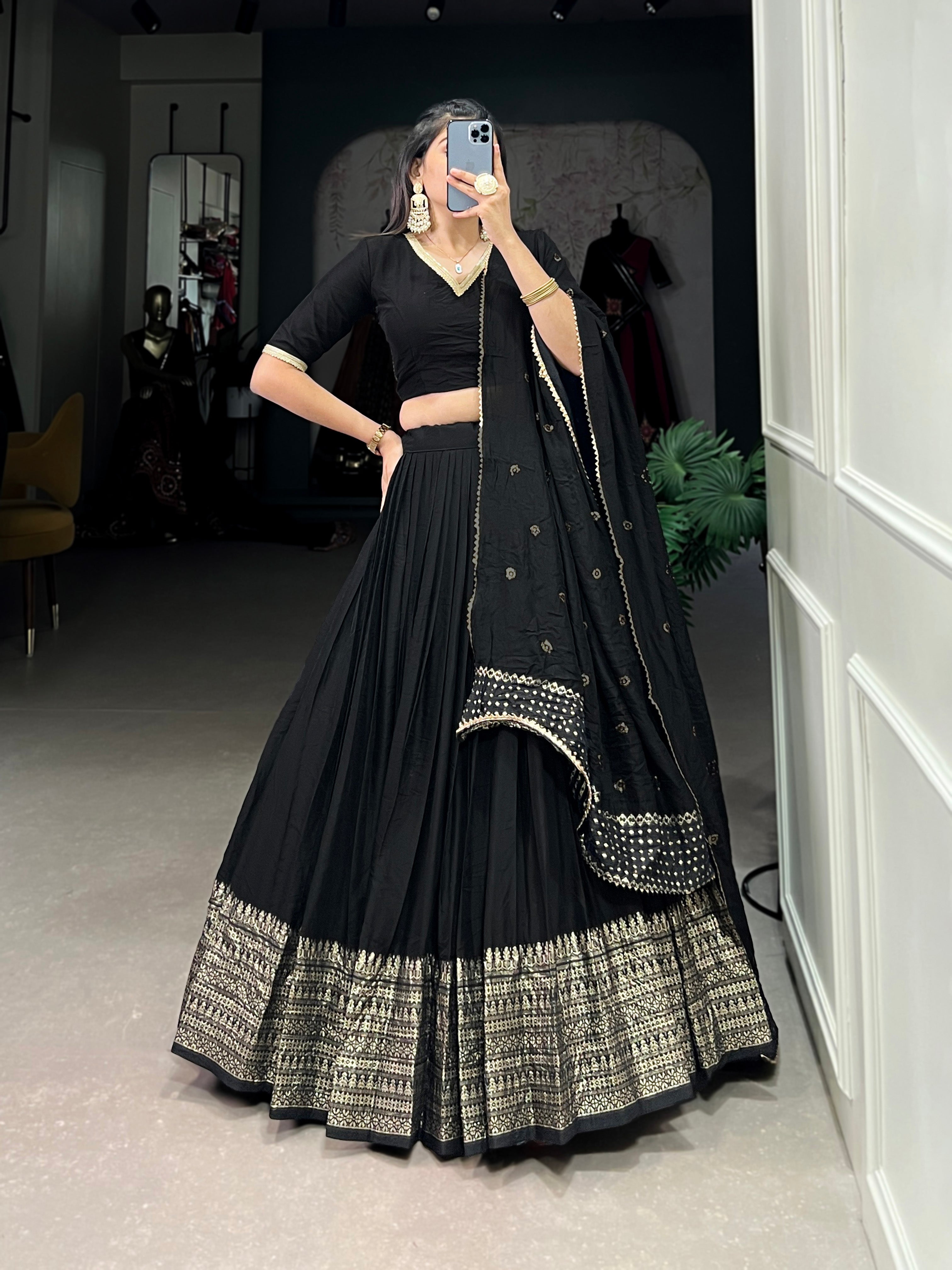 Crafted for Grace and Beauty – Pure Chanderi Plain Lehenga with Zari Work Border and Sequin Embellished Dupatta