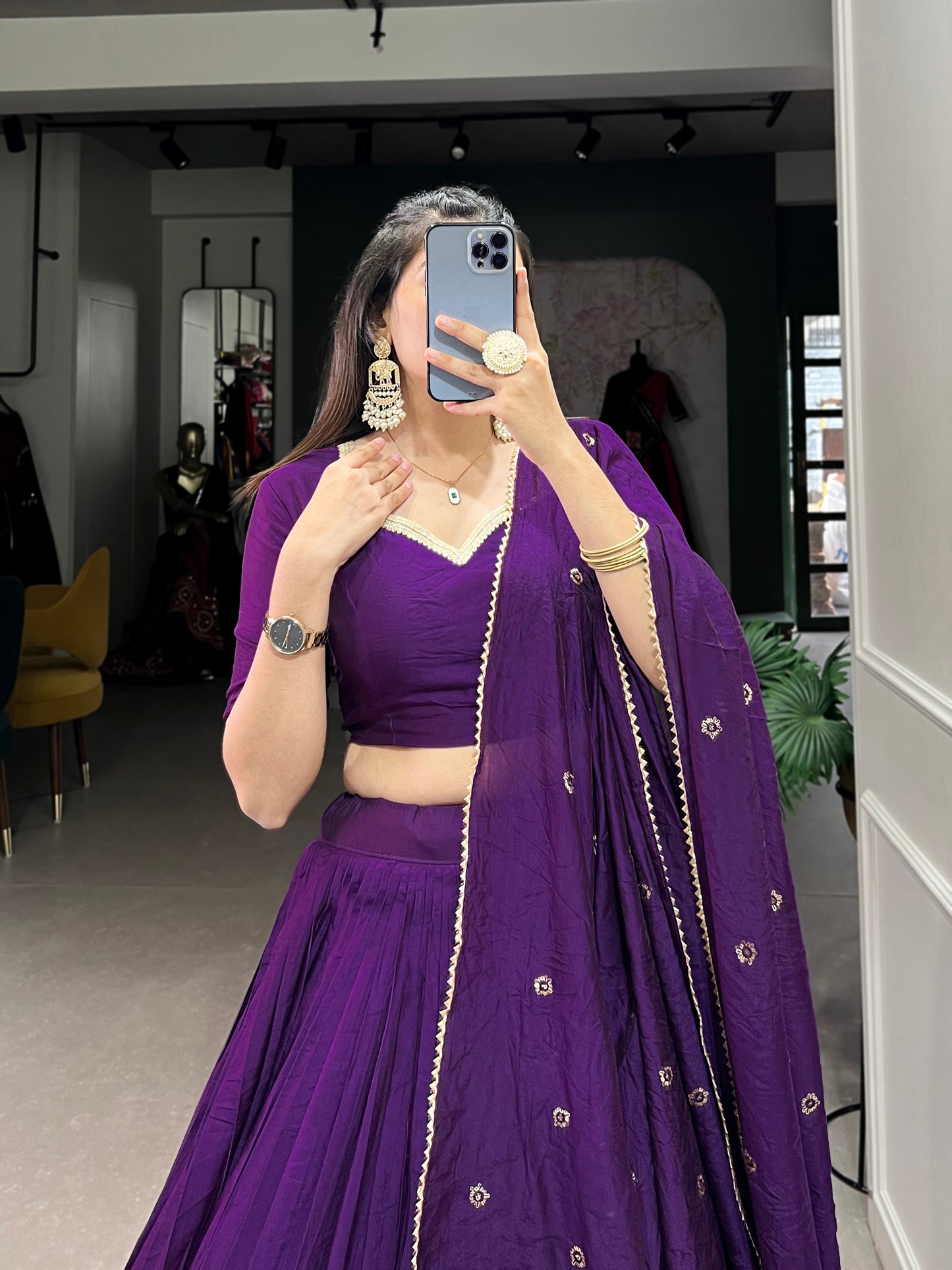 Crafted for Grace and Beauty – Pure Chanderi Plain Lehenga with Zari Work Border and Sequin Embellished Dupatta