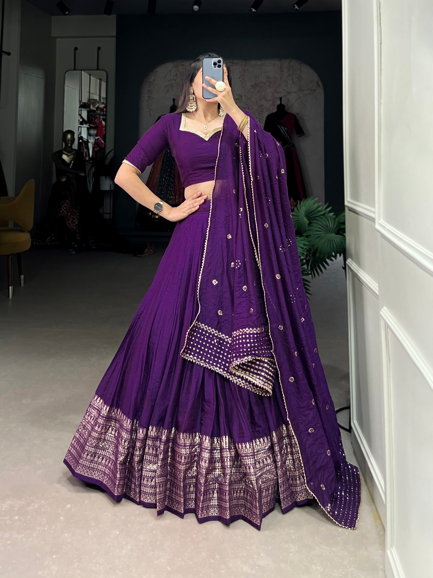 Crafted for Grace and Beauty – Pure Chanderi Plain Lehenga with Zari Work Border and Sequin Embellished Dupatta