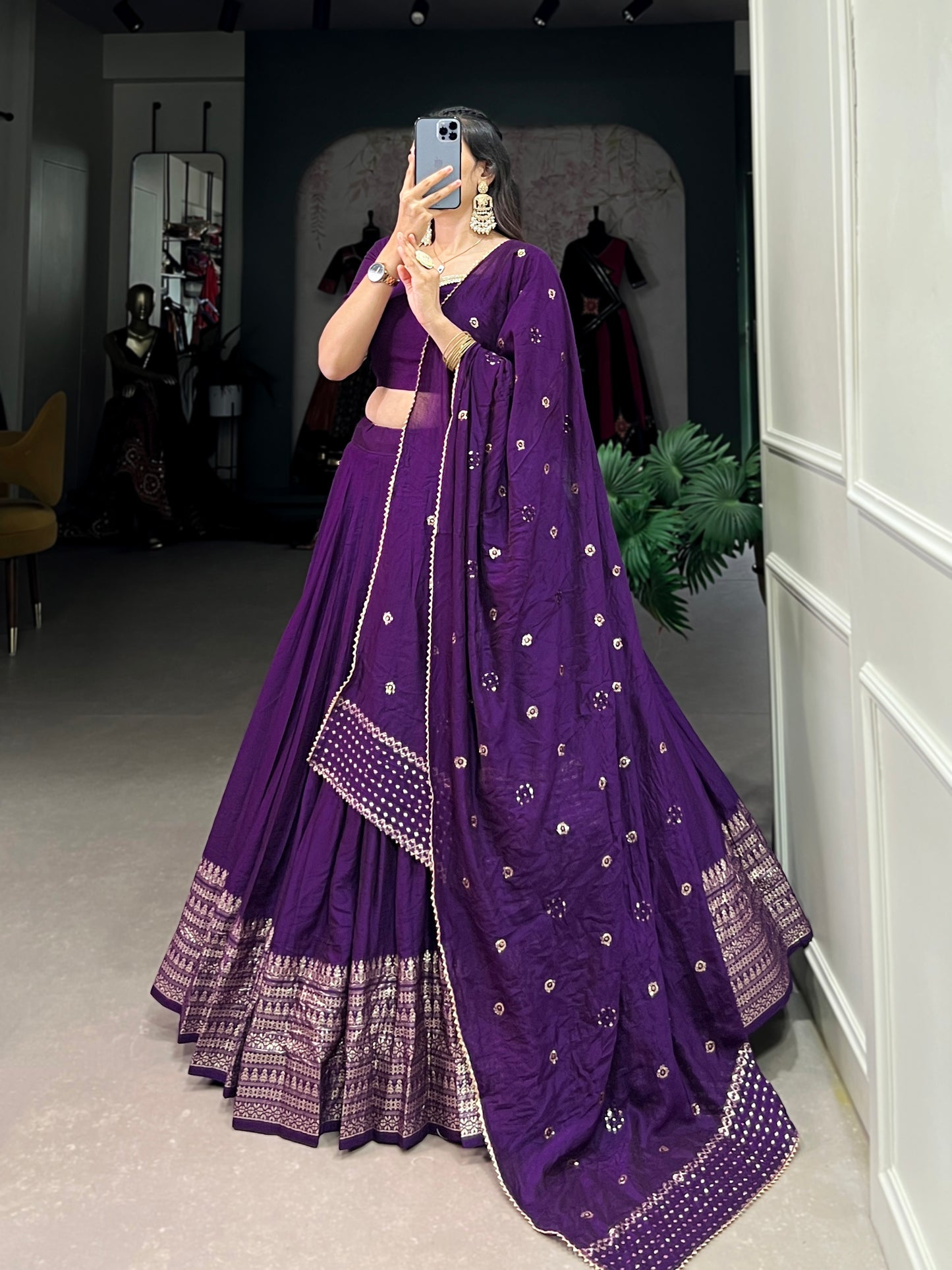 Crafted for Grace and Beauty – Pure Chanderi Plain Lehenga with Zari Work Border and Sequin Embellished Dupatta