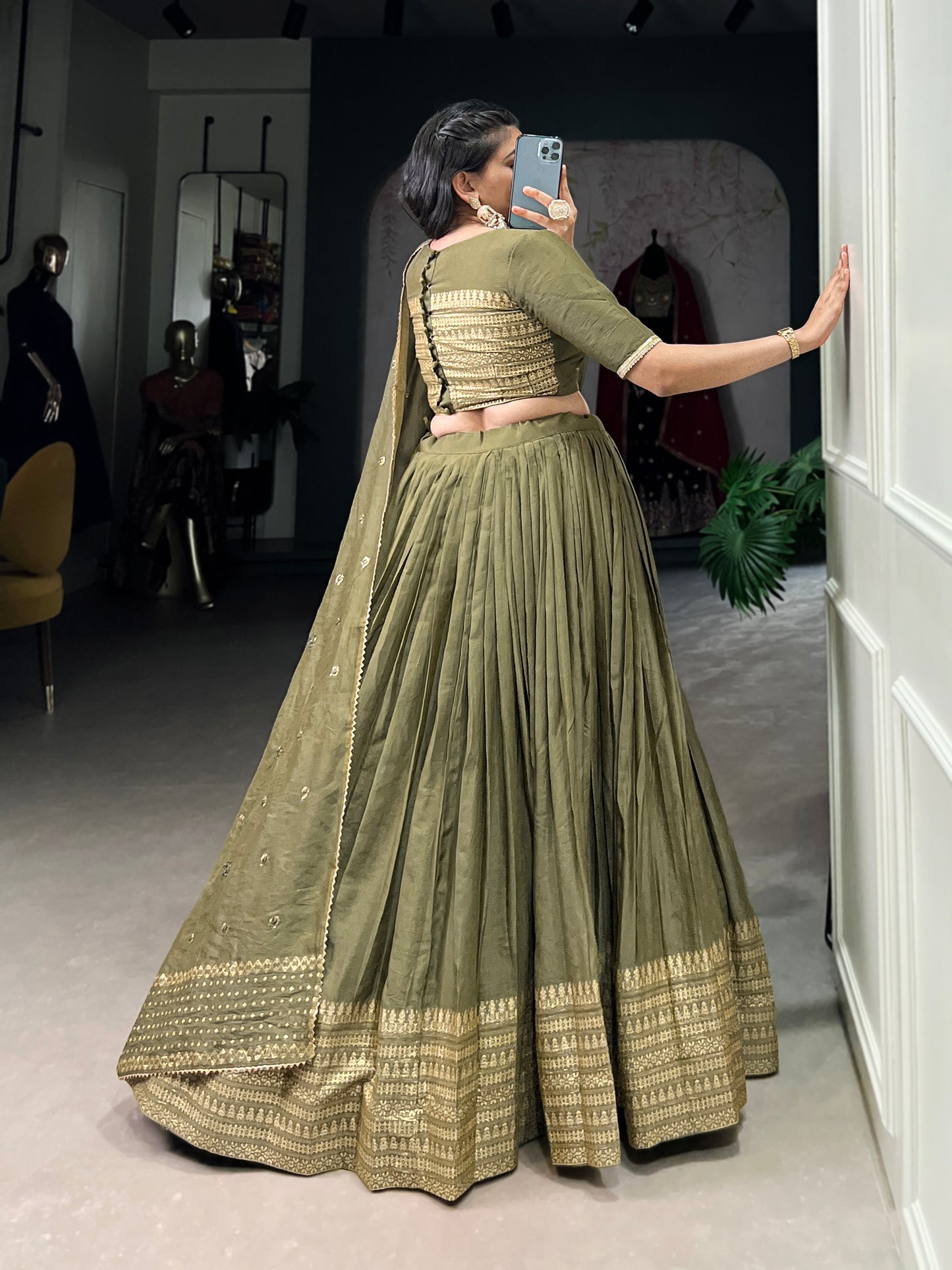 Crafted for Grace and Beauty – Pure Chanderi Plain Lehenga with Zari Work Border and Sequin Embellished Dupatta