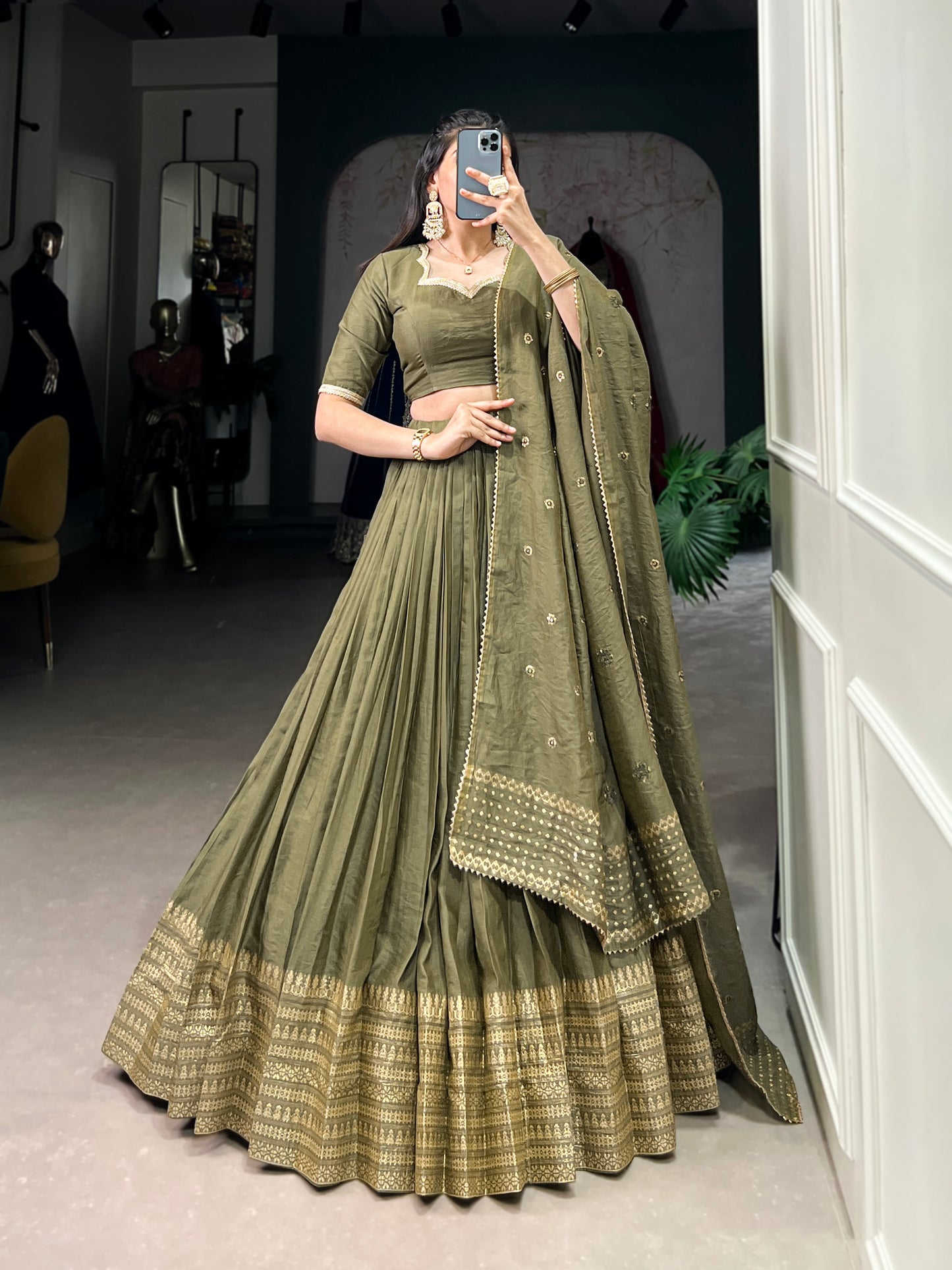 Crafted for Grace and Beauty – Pure Chanderi Plain Lehenga with Zari Work Border and Sequin Embellished Dupatta