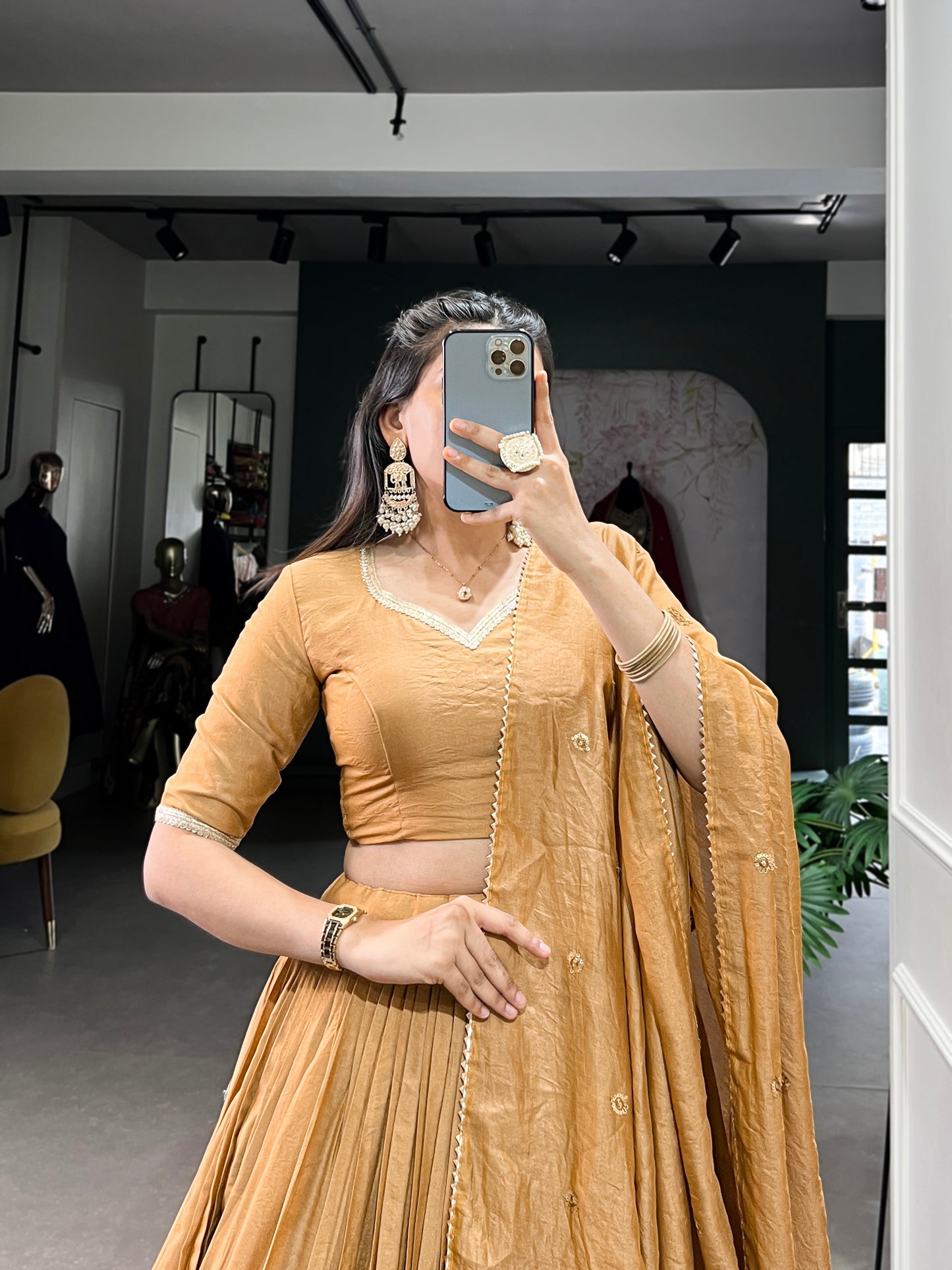 Crafted for Grace and Beauty – Pure Chanderi Plain Lehenga with Zari Work Border and Sequin Embellished Dupatta