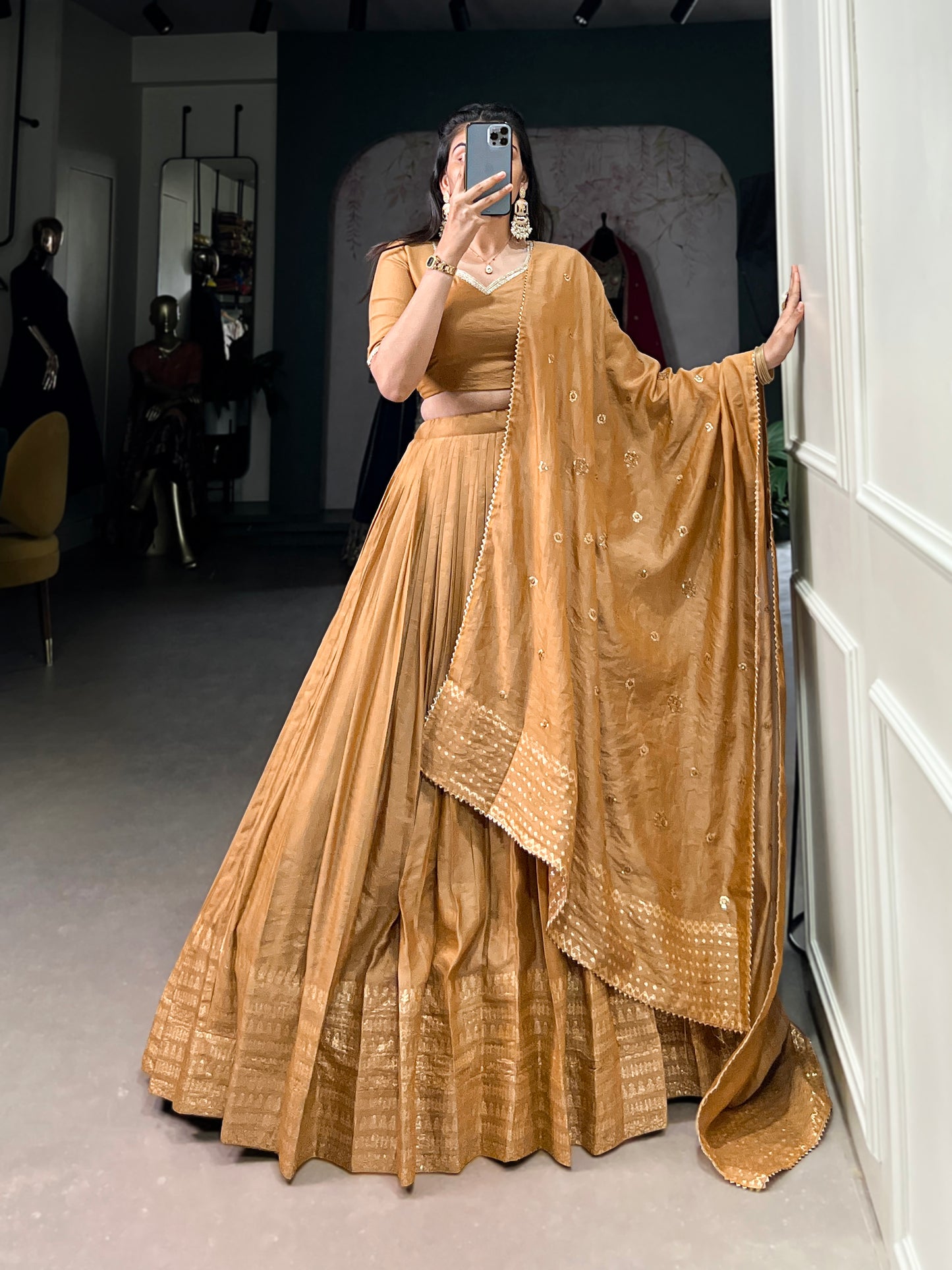 Crafted for Grace and Beauty – Pure Chanderi Plain Lehenga with Zari Work Border and Sequin Embellished Dupatta