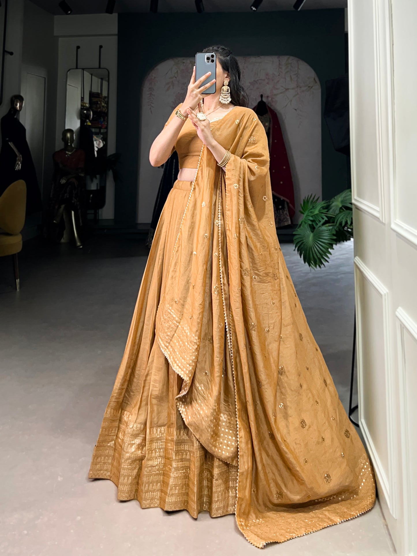 Crafted for Grace and Beauty – Pure Chanderi Plain Lehenga with Zari Work Border and Sequin Embellished Dupatta
