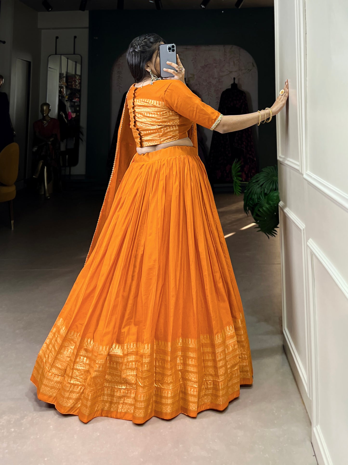Crafted for Grace and Beauty – Pure Chanderi Plain Lehenga with Zari Work Border and Sequin Embellished Dupatta