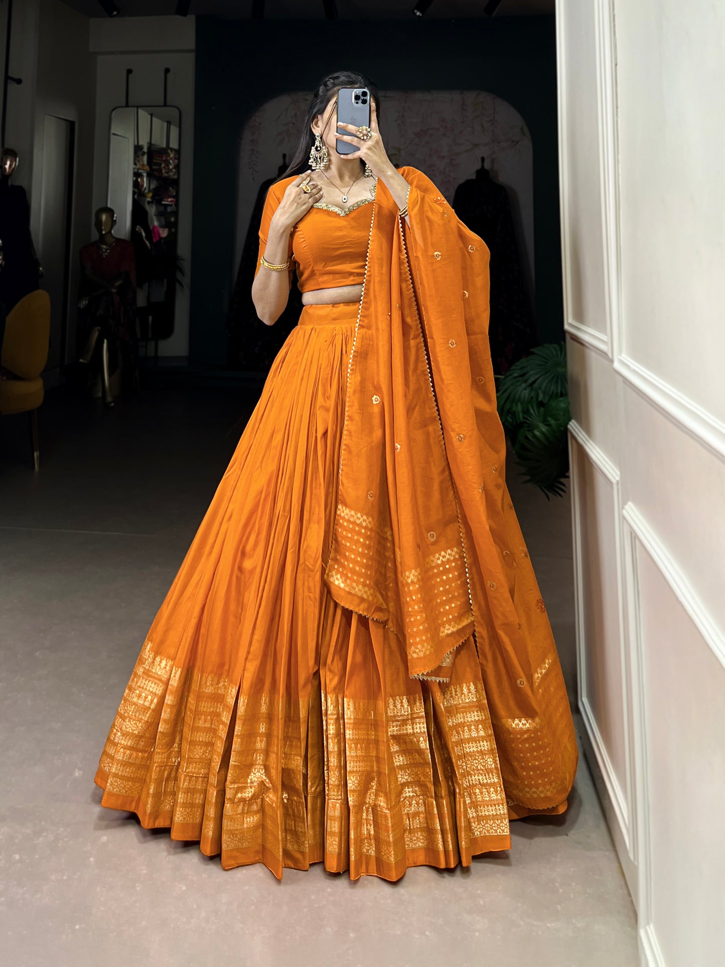 Crafted for Grace and Beauty – Pure Chanderi Plain Lehenga with Zari Work Border and Sequin Embellished Dupatta