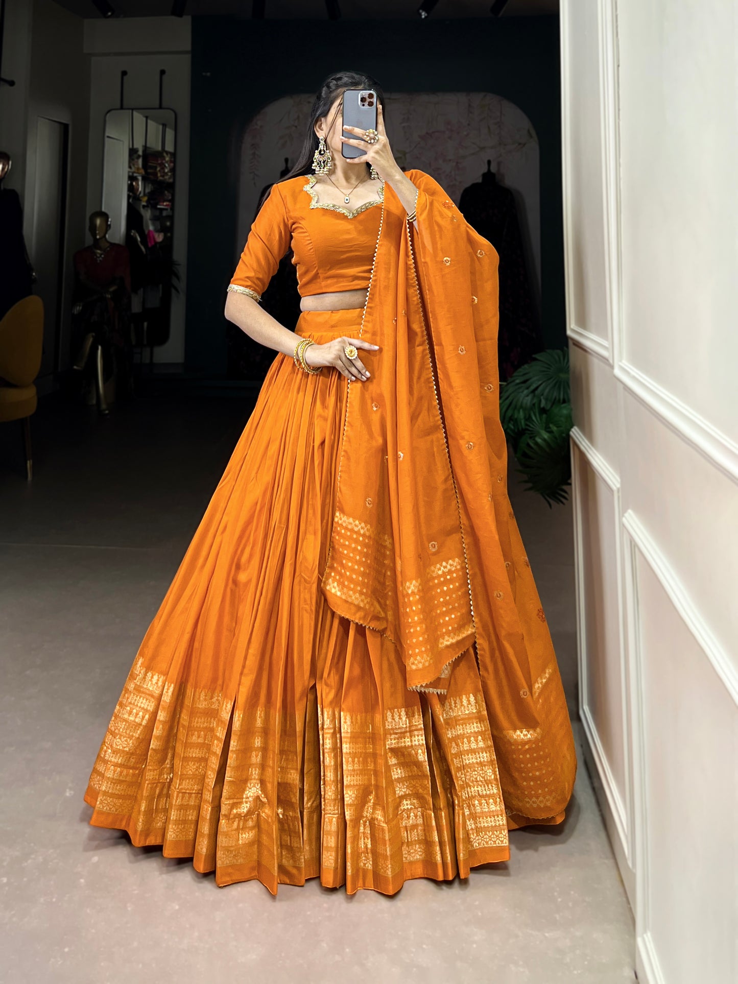 Crafted for Grace and Beauty – Pure Chanderi Plain Lehenga with Zari Work Border and Sequin Embellished Dupatta