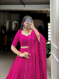 Crafted for Grace and Beauty – Pure Chanderi Plain Lehenga with Zari Work Border and Sequin Embellished Dupatta
