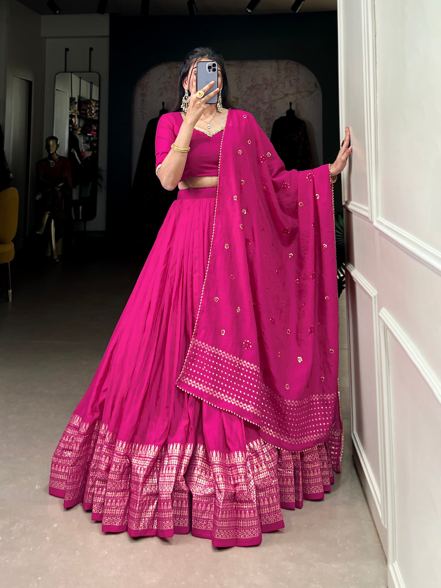 Crafted for Grace and Beauty – Pure Chanderi Plain Lehenga with Zari Work Border and Sequin Embellished Dupatta
